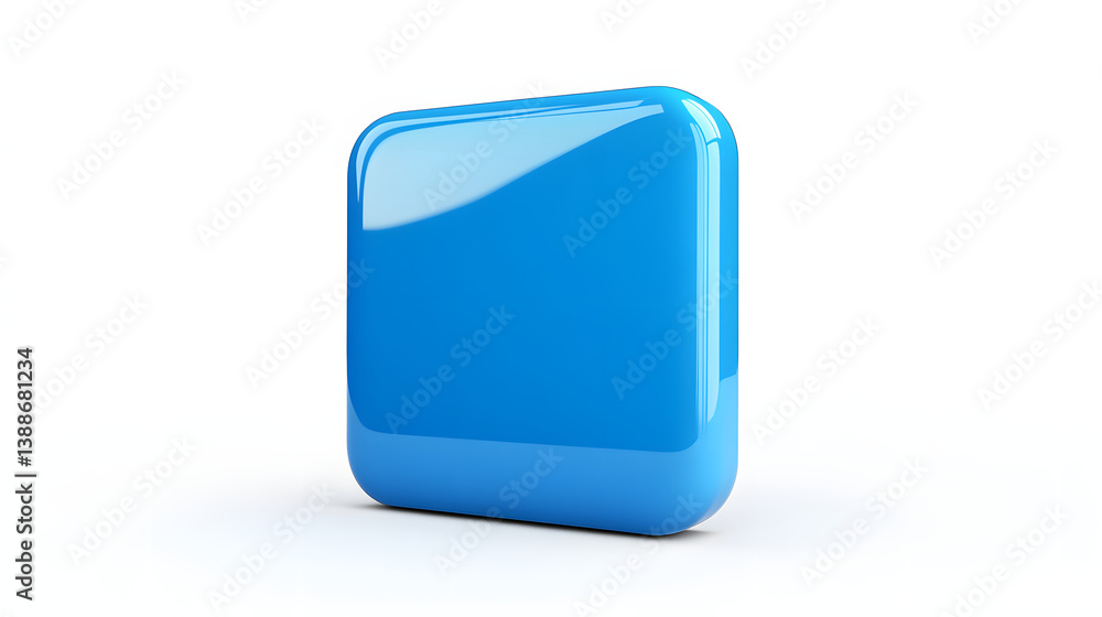 Poster blank mobile application icon, button - blue square with round corners. 3d rendering, white backgrou