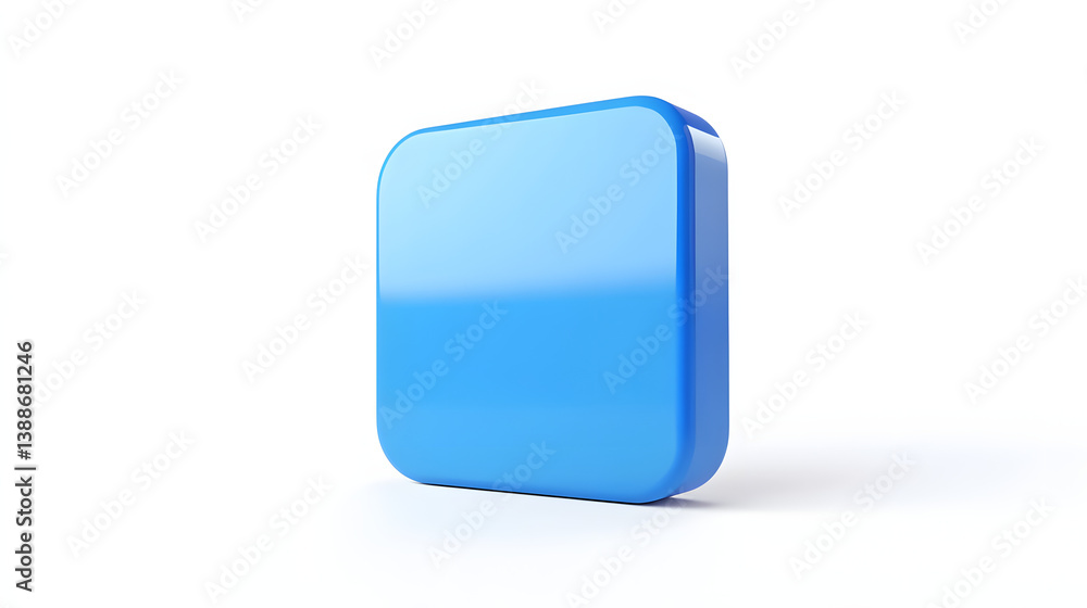 Poster blank mobile application icon, button - blue square with round corners. 3d rendering, white backgrou