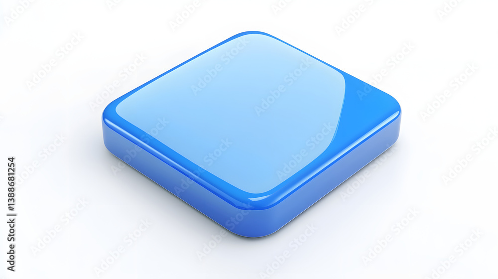 Poster blank mobile application icon, button - blue square with round corners. 3d rendering, white backgrou