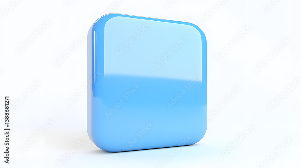 Poster blank mobile application icon, button - blue square with round corners. 3d rendering, white backgrou