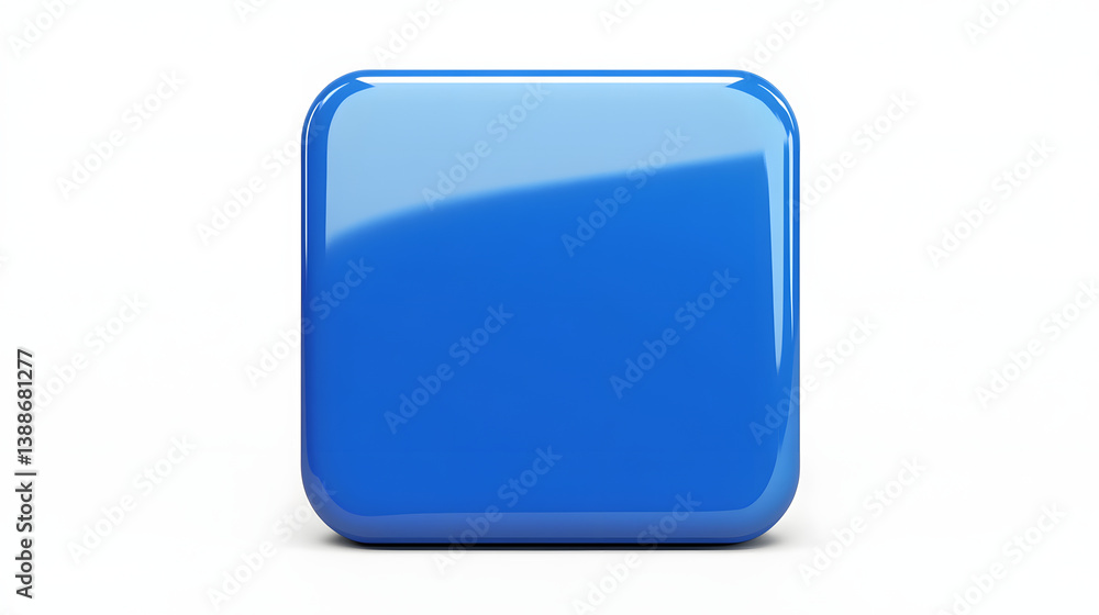 Poster blank mobile application icon, button - blue square with round corners. 3d rendering, white backgrou