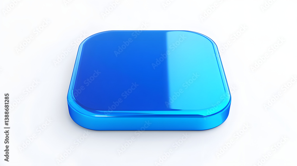 Poster blank mobile application icon, button - blue square with round corners. 3d rendering, white backgrou