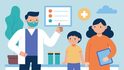 Obraz premium Health Impact A family at a doctors office with a doctor pointing to a chart showing high asthma rates while the background contains posters about pollution indicating health