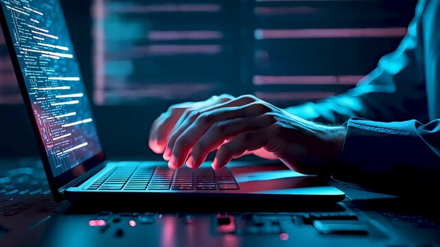 Programmer typing code on laptop in dark room with blue and red lighting tones