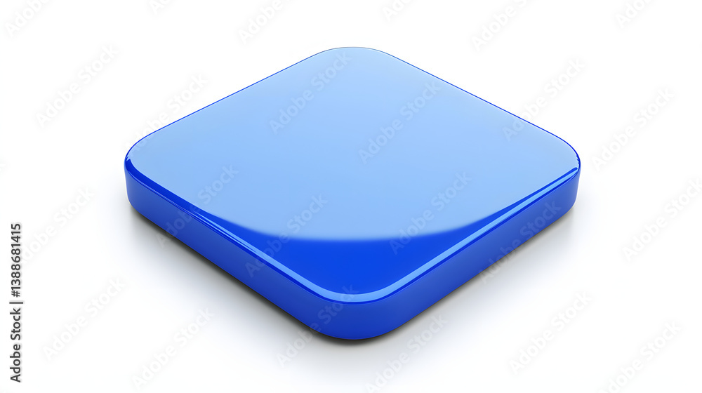 Poster blank mobile application icon, button - blue square with round corners. 3d rendering, white backgrou