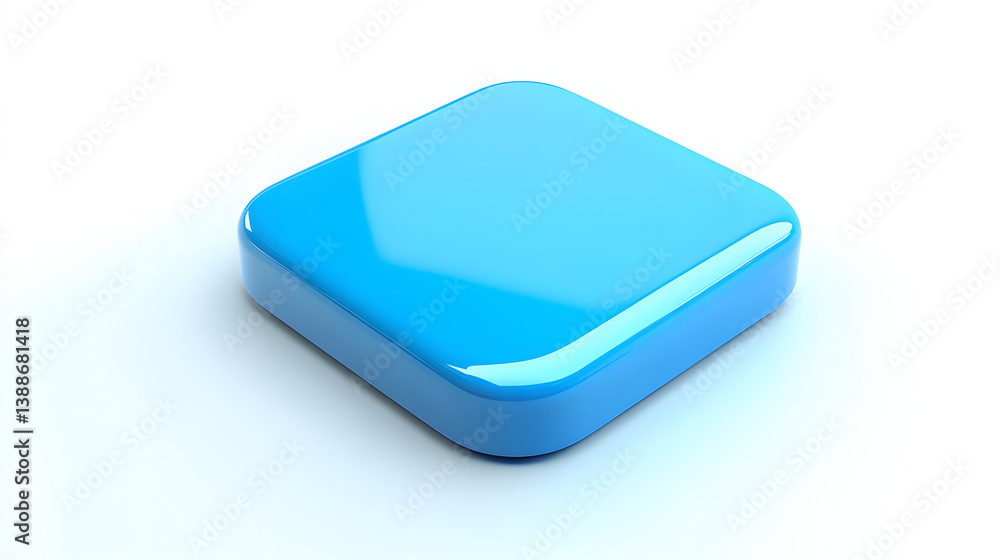 Poster blank mobile application icon, button - blue square with round corners. 3d rendering, white backgrou
