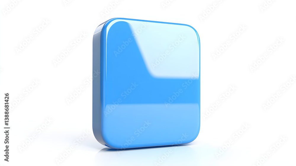 Poster blank mobile application icon, button - blue square with round corners. 3d rendering, white backgrou