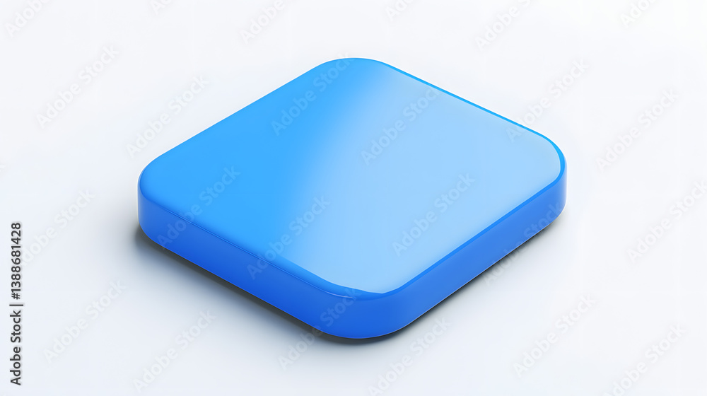 Poster blank mobile application icon, button - blue square with round corners. 3d rendering, white backgrou