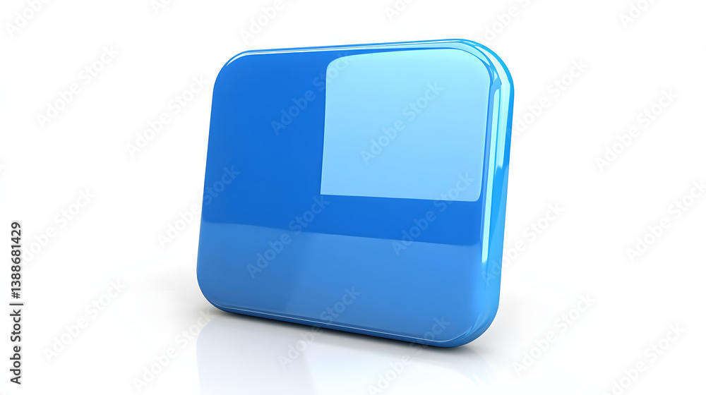 Poster blank mobile application icon, button - blue square with round corners. 3d rendering, white backgrou