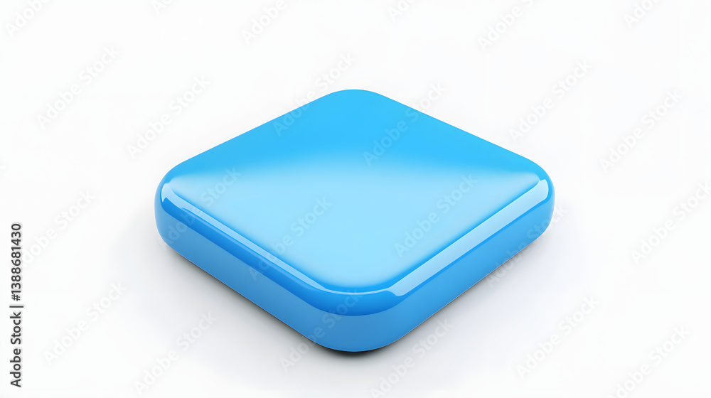 Poster blank mobile application icon, button - blue square with round corners. 3d rendering, white backgrou