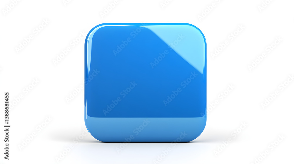 Poster blank mobile application icon, button - blue square with round corners. 3d rendering, white backgrou