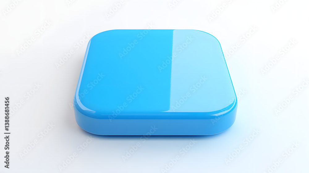Poster blank mobile application icon, button - blue square with round corners. 3d rendering, white backgrou