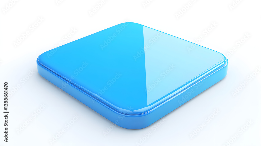 Poster blank mobile application icon, button - blue square with round corners. 3d rendering, white backgrou