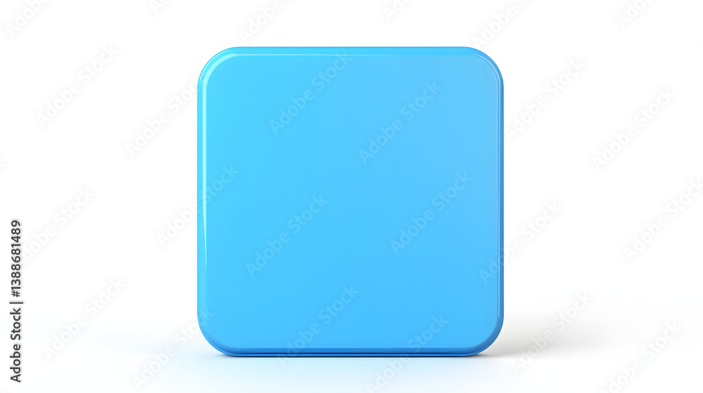 Poster blank mobile application icon, button - blue square with round corners. 3d rendering, white backgrou