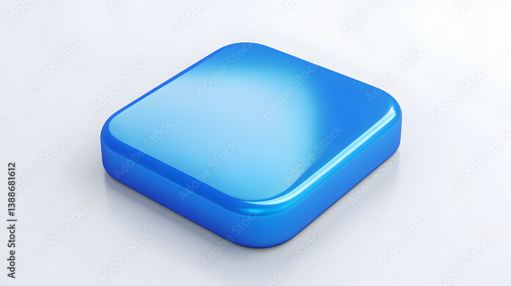 Poster blank mobile application icon, button - blue square with round corners. 3d rendering, white backgrou