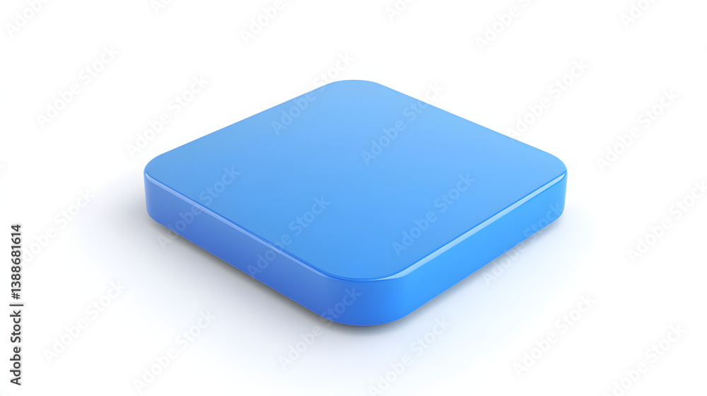 Poster blank mobile application icon, button - blue square with round corners. 3d rendering, white backgrou