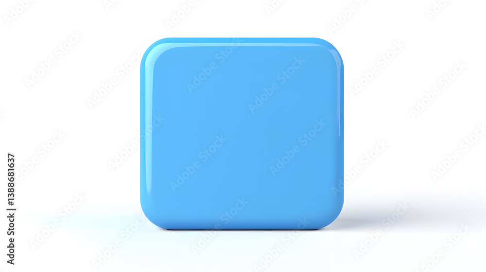 Poster blank mobile application icon, button - blue square with round corners. 3d rendering, white backgrou