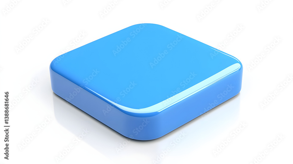 Poster blank mobile application icon, button - blue square with round corners. 3d rendering, white backgrou