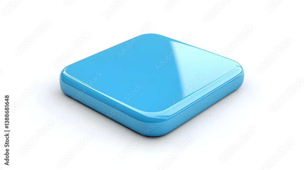 Poster blank mobile application icon, button - blue square with round corners. 3d rendering, white backgrou
