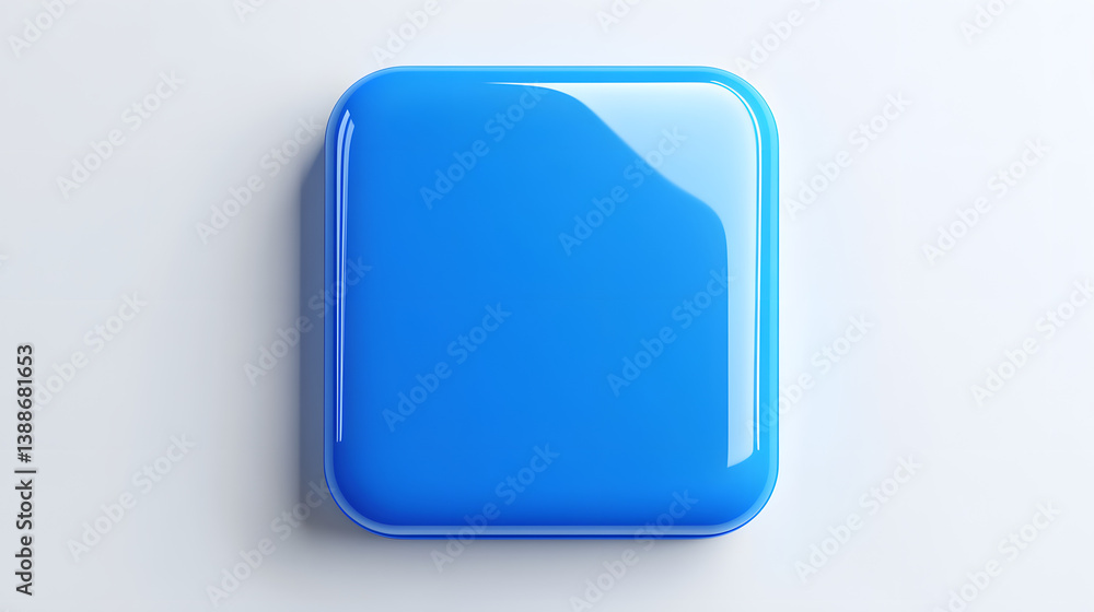 Poster blank mobile application icon, button - blue square with round corners. 3d rendering, white backgrou
