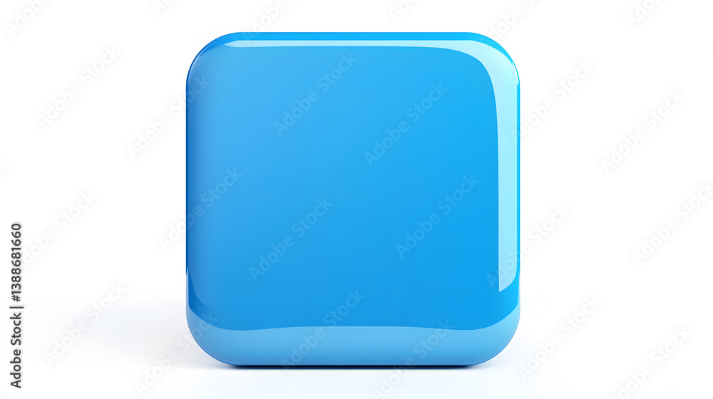 Poster blank mobile application icon, button - blue square with round corners. 3d rendering, white backgrou