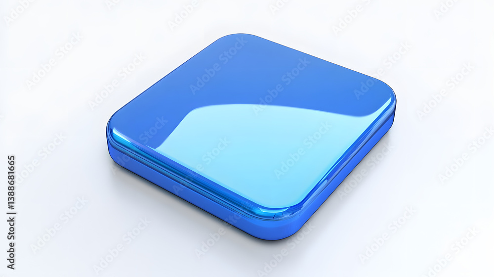 Poster blank mobile application icon, button - blue square with round corners. 3d rendering, white backgrou