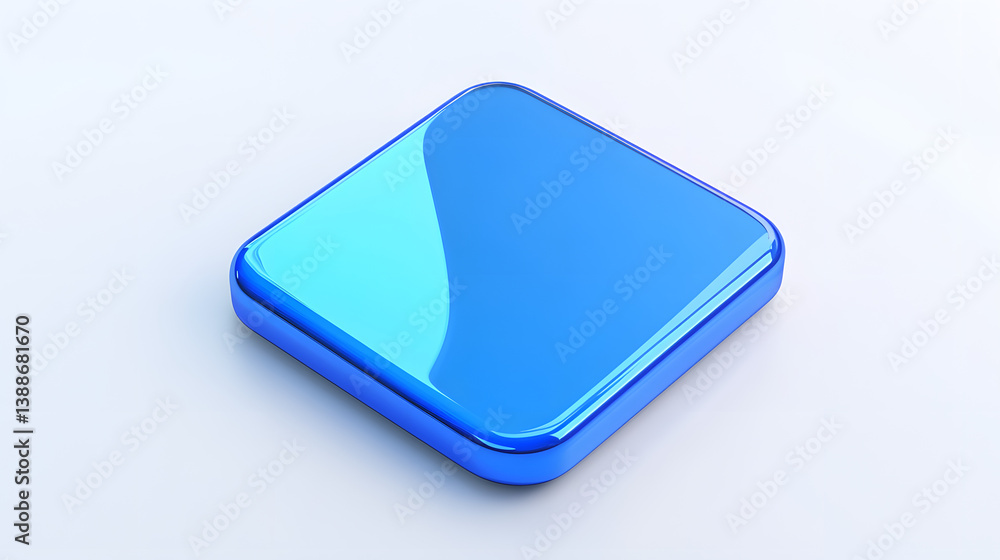 Poster blank mobile application icon, button - blue square with round corners. 3d rendering, white backgrou