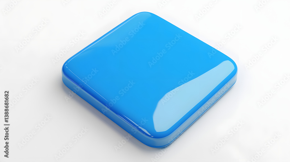 Poster blank mobile application icon, button - blue square with round corners. 3d rendering, white backgrou