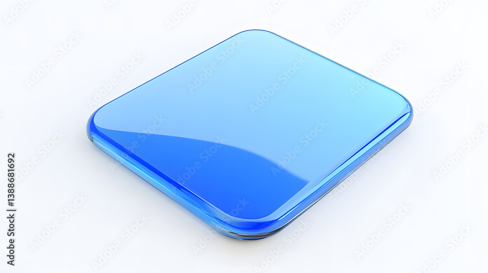Poster blank mobile application icon, button - blue square with round corners. 3d rendering, white backgrou