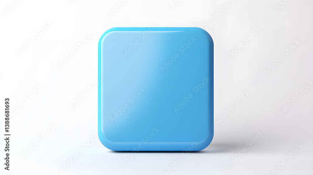 Poster blank mobile application icon, button - blue square with round corners. 3d rendering, white backgrou