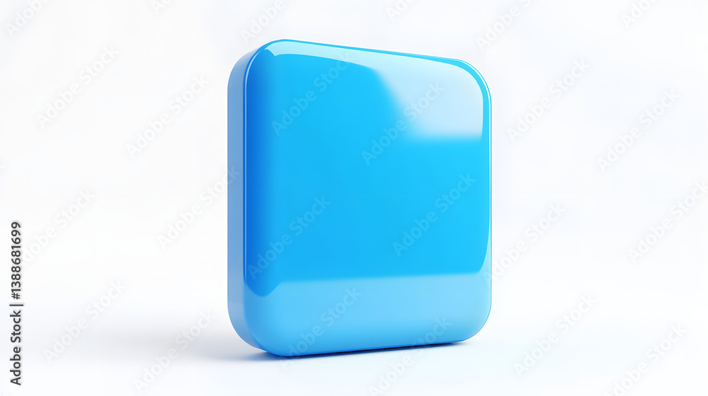 Poster blank mobile application icon, button - blue square with round corners. 3d rendering, white backgrou