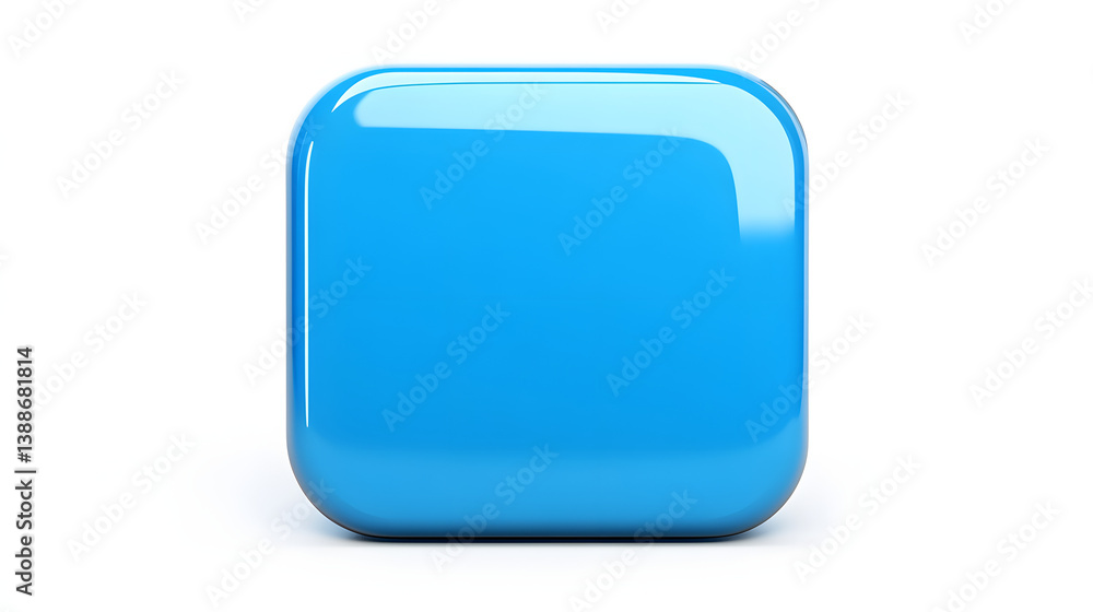 Poster blank mobile application icon, button - blue square with round corners. 3d rendering, white backgrou