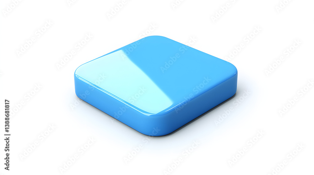 Poster blank mobile application icon, button - blue square with round corners. 3d rendering, white backgrou