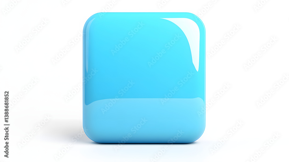 Poster blank mobile application icon, button - blue square with round corners. 3d rendering, white backgrou