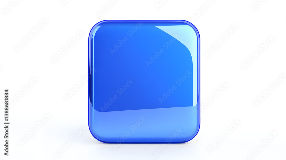 Poster blank mobile application icon, button - blue square with round corners. 3d rendering, white backgrou