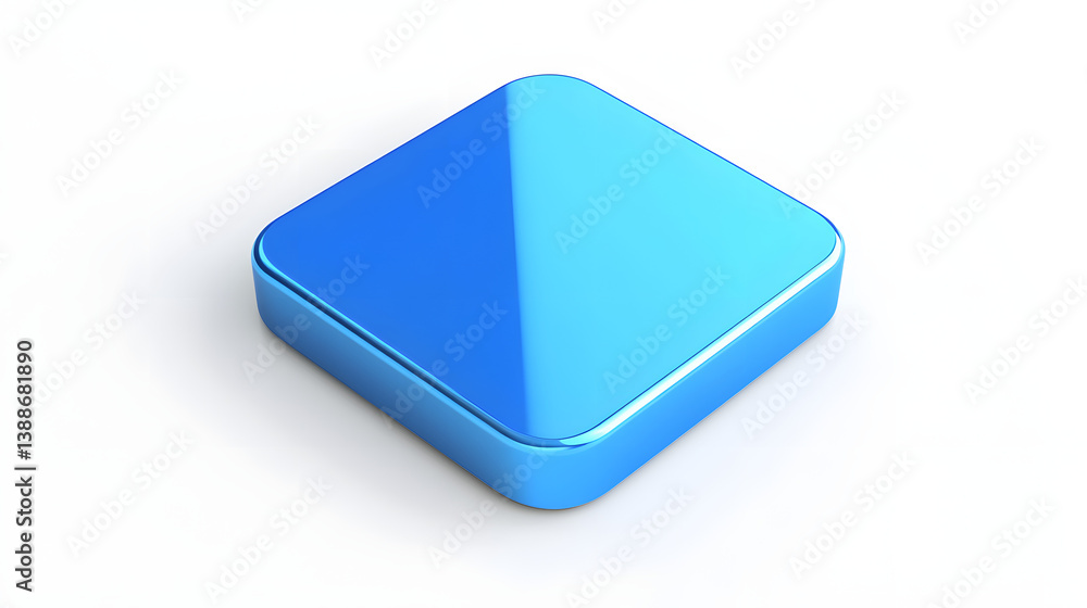 Poster blank mobile application icon, button - blue square with round corners. 3d rendering, white backgrou