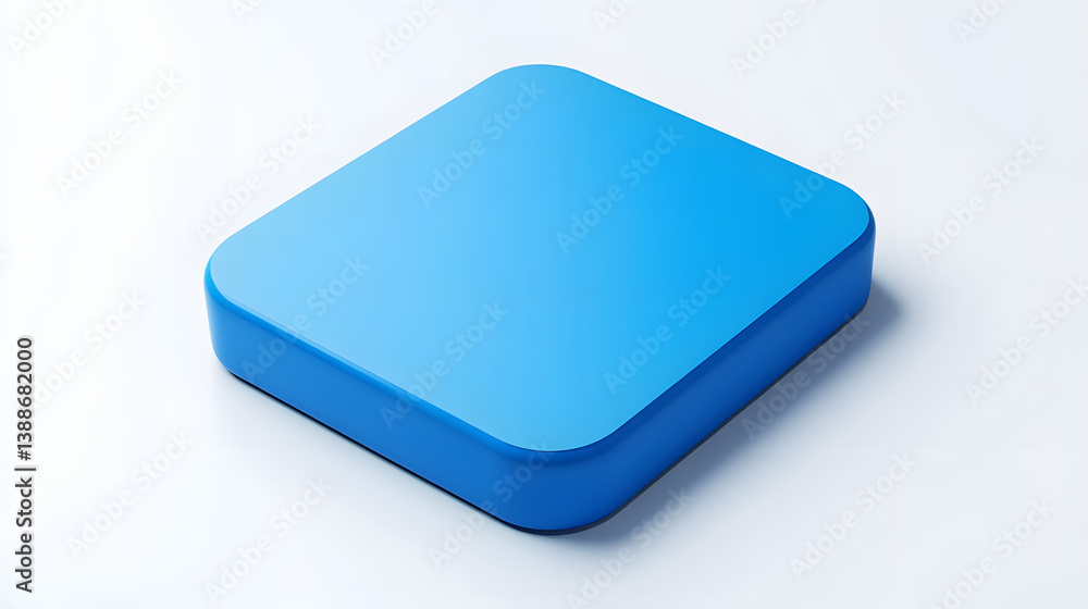 Poster blank mobile application icon, button - blue square with round corners. 3d rendering, white backgrou