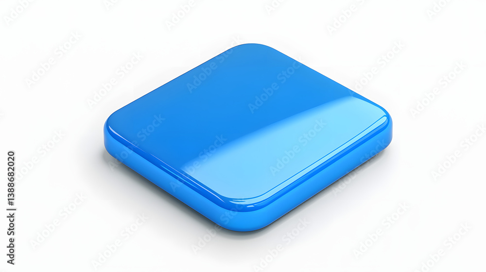Poster blank mobile application icon, button - blue square with round corners. 3d rendering, white backgrou