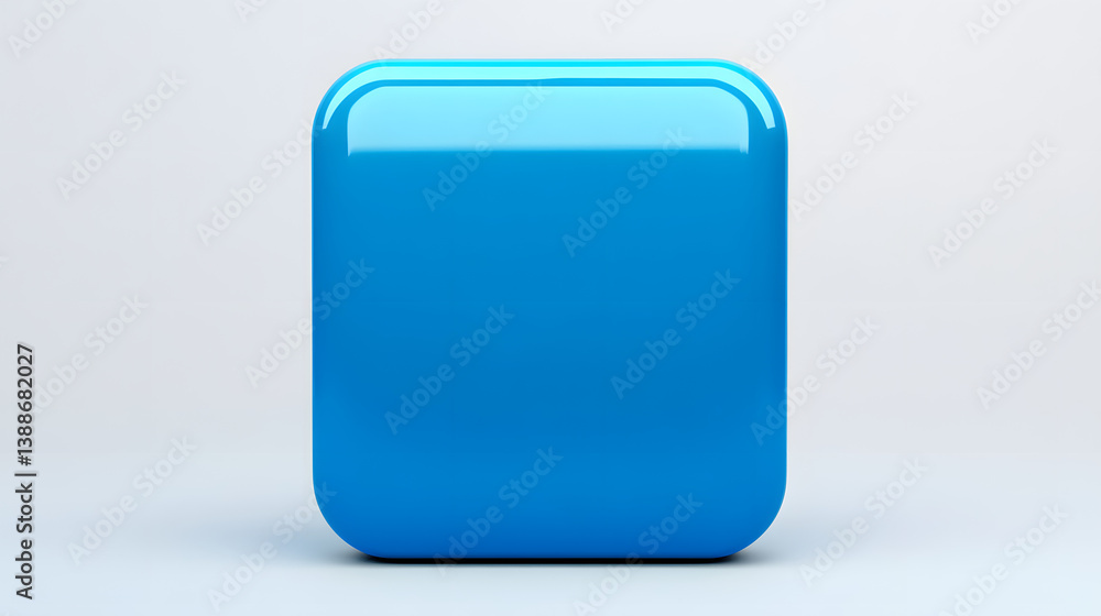 Poster blank mobile application icon, button - blue square with round corners. 3d rendering, white backgrou