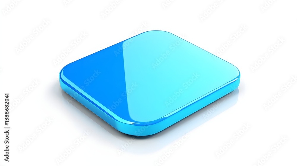Poster blank mobile application icon, button - blue square with round corners. 3d rendering, white backgrou
