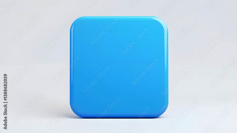 Poster blank mobile application icon, button - blue square with round corners. 3d rendering, white backgrou