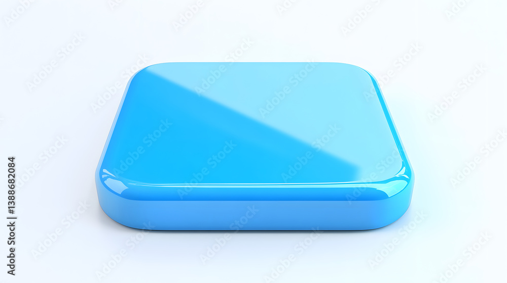 Poster blank mobile application icon, button - blue square with round corners. 3d rendering, white backgrou