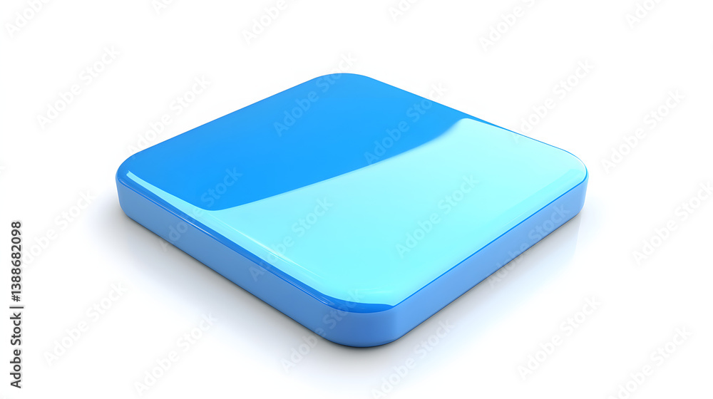 Poster blank mobile application icon, button - blue square with round corners. 3d rendering, white backgrou