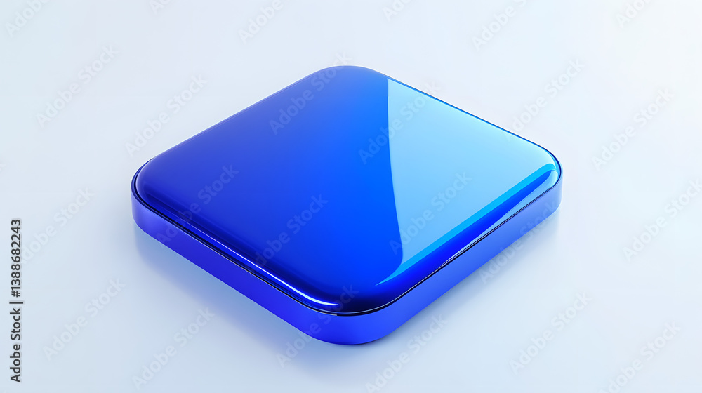 Poster blank mobile application icon, button - blue square with round corners. 3d rendering, white backgrou