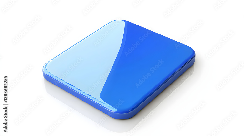 Poster blank mobile application icon, button - blue square with round corners. 3d rendering, white backgrou