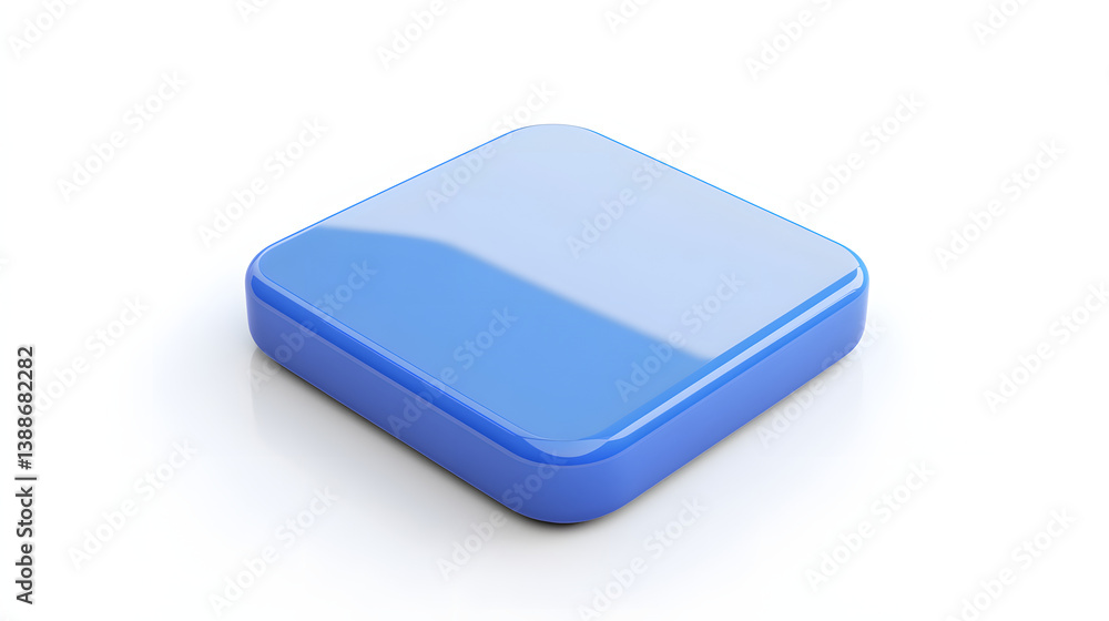 Poster blank mobile application icon, button - blue square with round corners. 3d rendering, white backgrou