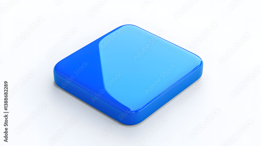 Poster blank mobile application icon, button - blue square with round corners. 3d rendering, white backgrou