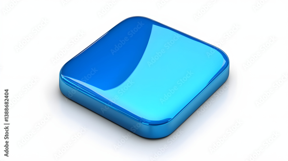 Poster blank mobile application icon, button - blue square with round corners. 3d rendering, white backgrou