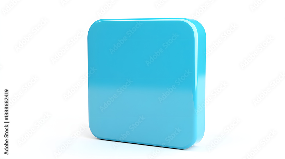 Poster blank mobile application icon, button - blue square with round corners. 3d rendering, white backgrou