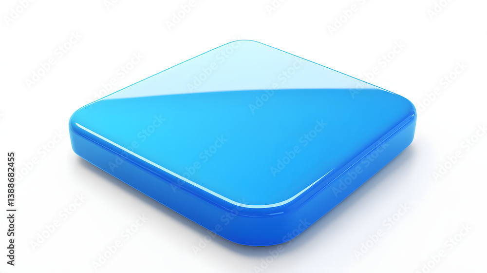 Poster blank mobile application icon, button - blue square with round corners. 3d rendering, white backgrou